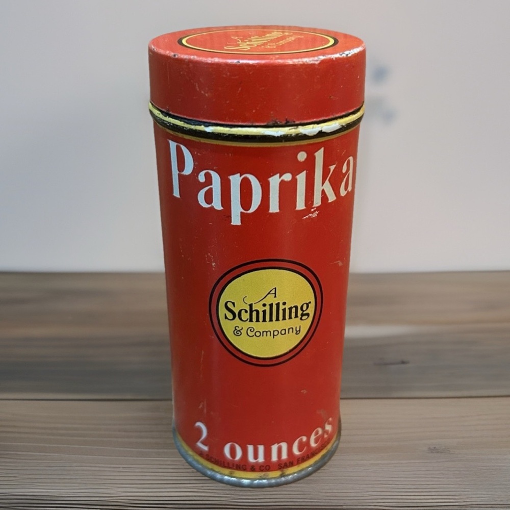 Schilling Tin, Paprika, 2oz., 4" Tall, 1.5" Across, San Francisco Dated 1933